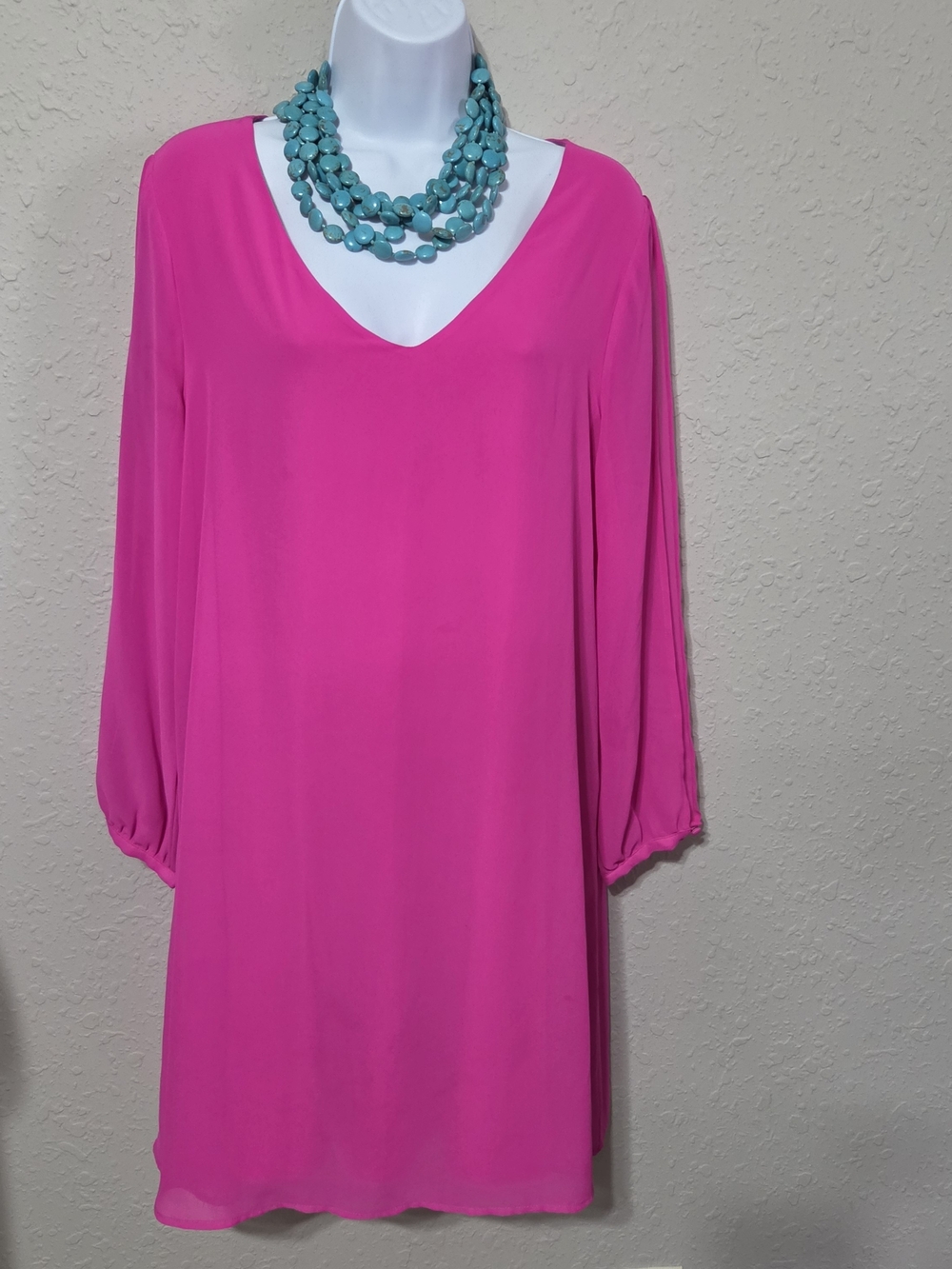Women’s Large V-Neck Long Sleeve Shift Cocktail Dress Fairy Sleeves - Hot Pink